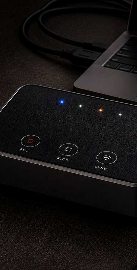 Device control panel with illuminated buttons and a laptop in the background.